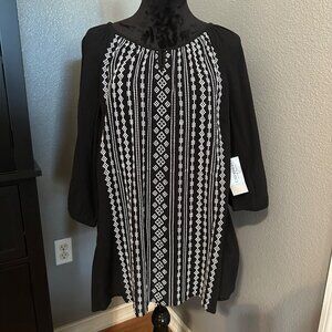 Catherines Blouse 1X Black White Embroidered Boho Peasant 3/4 Sleeve Artisan NWT
